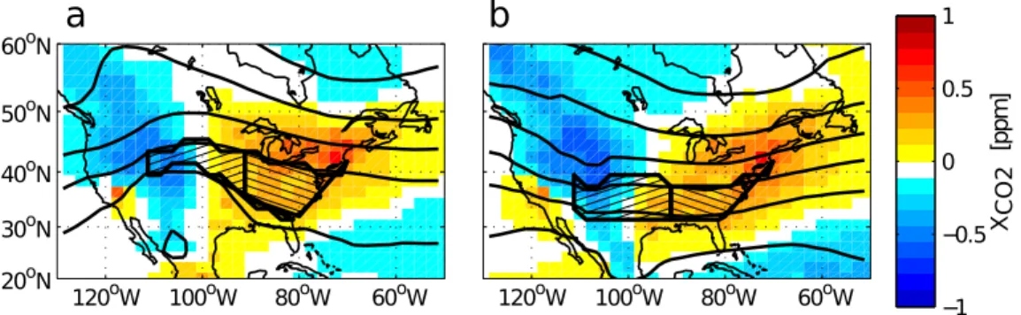 Fig. 2. (a) May and (b) November dynamically adaptive regions over eastern North America.