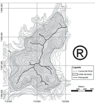 Figura 2. Hidrografia e curvas de nível da microbacia do Córrego do Paraíso após o pré-processamento.