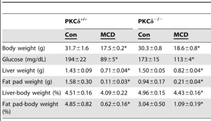 Table 2. Weights and serum metabolic parameters in male PKCd +/+ and PKCd 2/2 mice. PKC d +/+ PKC d 2/2 Con MCD Con MCD Body weight (g) 31.761.6 17.560.2* 30.360.8 18.660.8* Glucose (mg/dL) 194622 8965* 173615 11364* Liver weight (g) 1.43 6 0.09 0.71 6 0.0