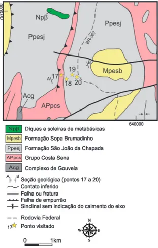 Figura 8. Mapa geológico do Pico da Bandeirinha com  localização dos pontos visitados (modif