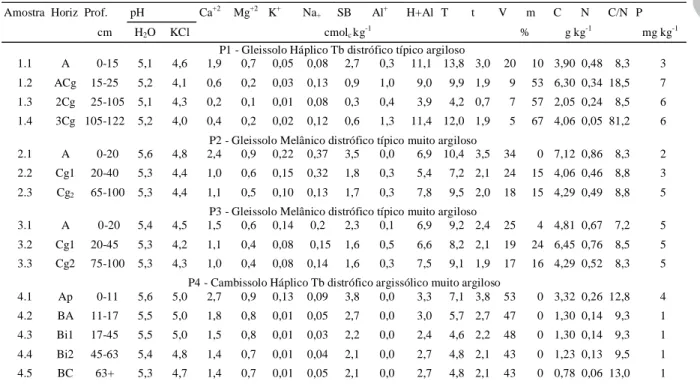 Tabela 2. Resultados analíticos dos solos do córrego da Capivara dos Gomes – Cajuri, MG