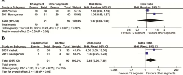 Fig 3. Relative risks for total CH (A) and moderate/severe CH (B) in the T2 segment group compared to the other segments group.