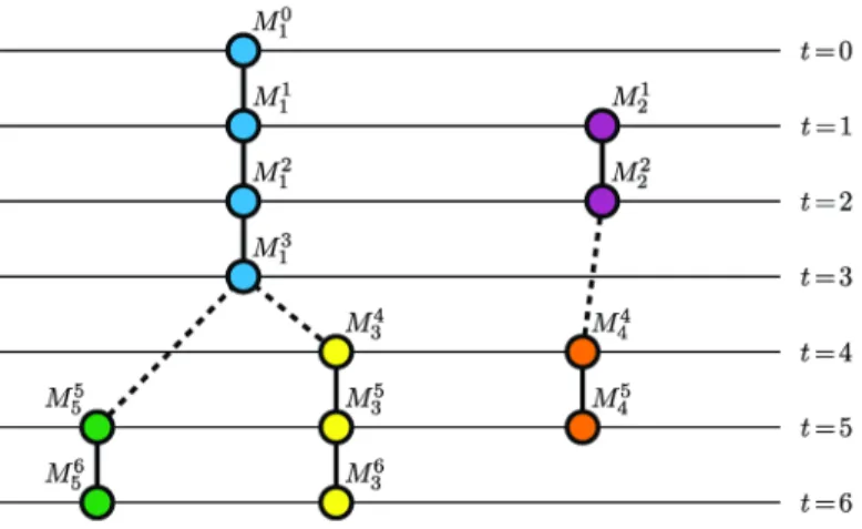 Fig 1. An example of tracking results represented by an acyclic oriented graph. Individual tracks are visualized using different colors