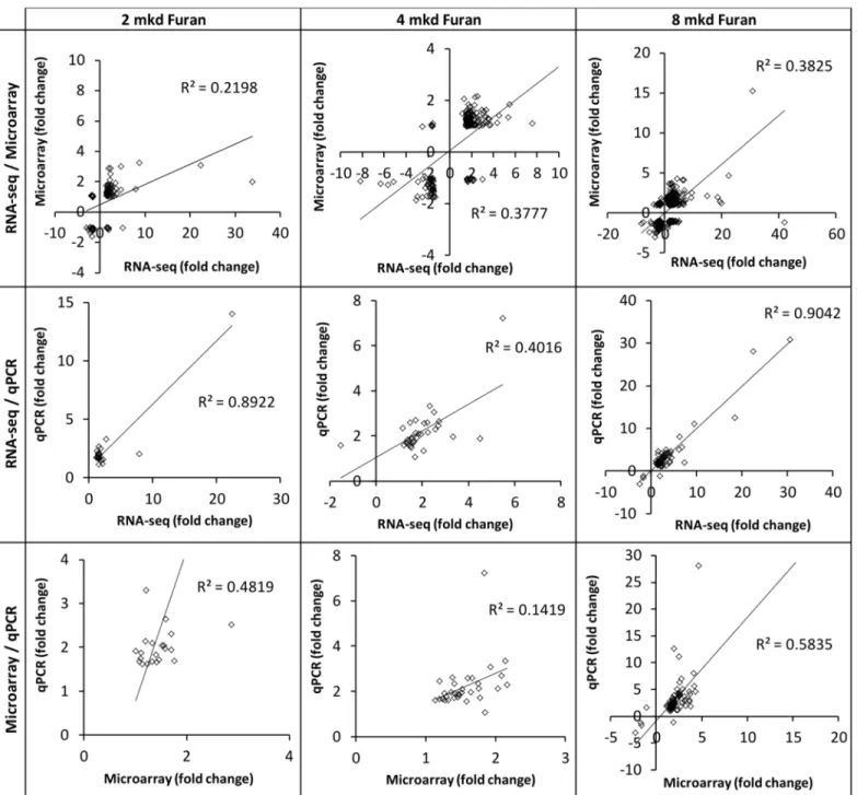 Fig 1. Gene expression levels are correlated between genomics platforms. Correlation analysis of the fold changes of differentially expressed genes (FDR p < 0.05, fold change > ± 1.5 in at least one dataset) for 2 mkd (left), 4 mkd (middle), and 8 mk