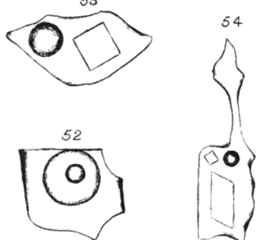 Figura 1. Ilustrações e descrições de inclusões fluidas por  Henry Clifton Sorby: ‘52’ (x2000) – “A fluid-cavity  containing two fluids, in the quartz of porphyry at  Cove, near Aberdeen”; ‘53’ (x1600) e ‘54’ (x800)  – “Fluid-cavities containing various cr