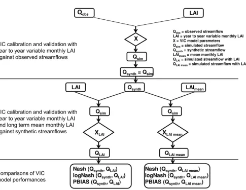 Figure 3. Schematic diagram of the method used to assess the performance of the VIC model using synthetic streamflow when fed with observed monthly LAI and mean monthly LAI.