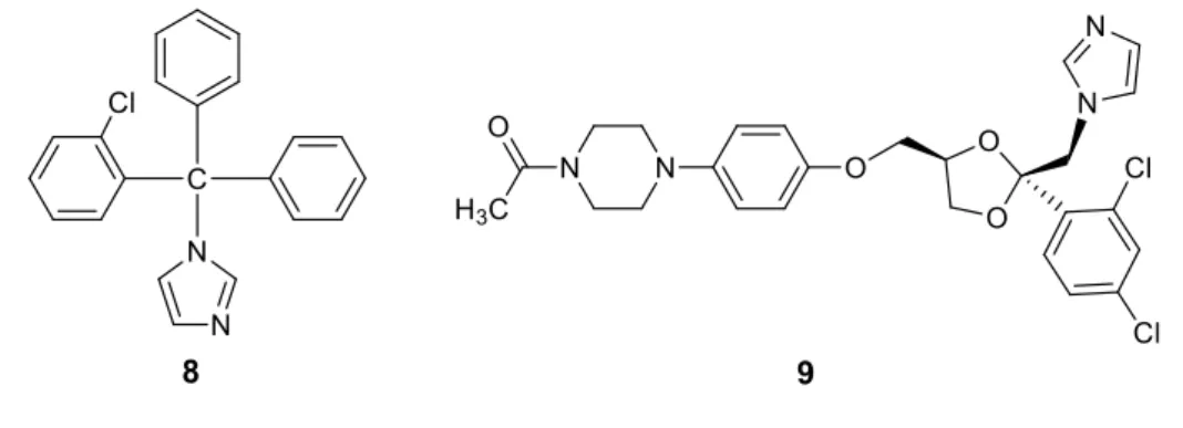 Figura 4: Clotrimazol (8) e Cetoconazol (9). 