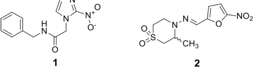 Figura 1: Estruturas químicas do benzonidazol (1) e nifurtimox (2). 