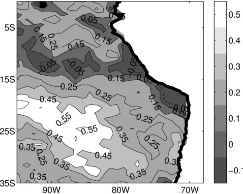 Fig. 8. Linear correlation between daytime Terra MODIS cloud fraction and daily-mean θ 850hPa – θ 1000hPa 