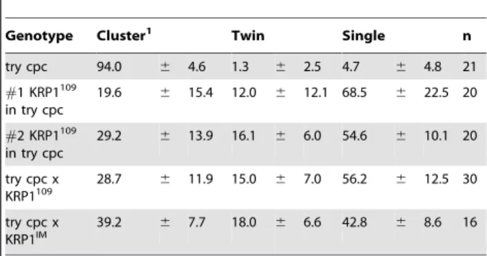 Table 1. Trichome initiation sites containing multiple trichomes on try-cpc-PRO GL2: ICK1/KRP1 plants.