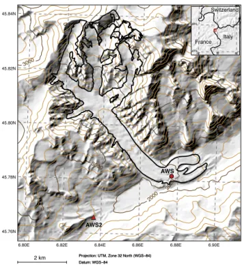 Figure 2. Map showing the location of the Miage Glacier. The AWS located on the glacier is denoted with a red circle and the AWS2 from which precipitation data were obtained is shown by a red  tri-angle.