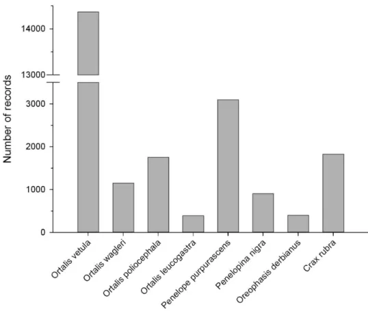 Figure 1. Distribution of the 23,896 records by species in the CracidMex1 database.