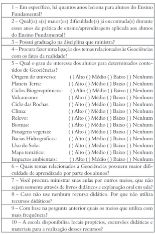 Figura 1. Questionário aplicado ao docente de Ciências,  em Instituição de Ensino da rede privada, em Santa  Cruz da Serra, Duque de Caxias, RJ.