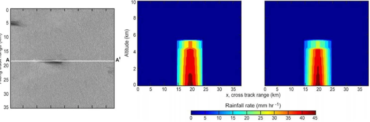 Fig. 3. Left: X-SAR image of an isolated convective cell over Amazonas, Brazil (9.01 ◦ S×68.38 ◦ W) obtained at 18:45 UTC on 15 April 1994