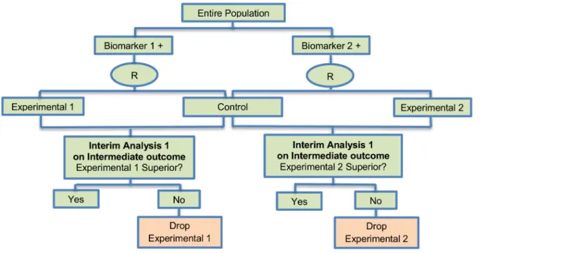 Fig 7. Multi-arm multi-stage (MAMS) design. “R” refers to randomization of patients.
