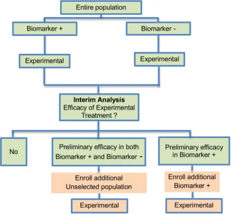 Fig 6. Adaptive parallel Simon two-stage design. “ R ” refers to randomization of patients.