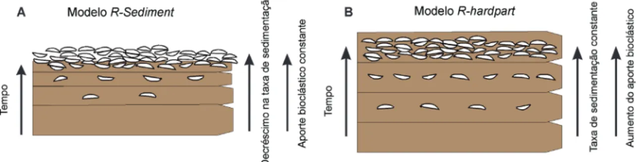 Figura 3. Dois cenários teóricos que simulam um aumento na concentração de bioclastos, com variações na taxa de  sedimentação e no aporte bioclástico