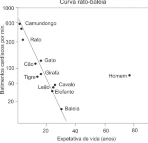 Gráfico 1 Curva “rato-baleia”, uma comparação entre a  longevidade e a taxa de batimento cardíaco em  mamíferos