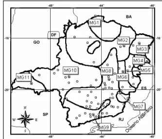 Figura 1. Localização geográfica de Minas Gerais, delimitada pelas regiões climaticamente homogêneas definidas, por Aspiazu et al