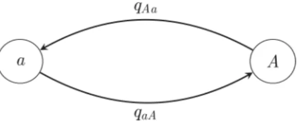 Fig 2. A general two-state Markov chain representing the rate of jumps from allele a to allele A