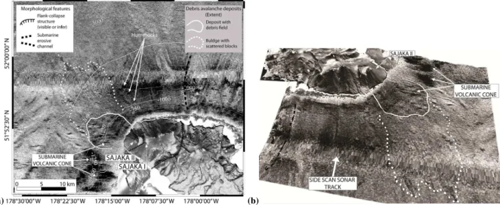 Fig. 7. (a) Plan view: topography, bathymetry and Gloria side-scan data of northern Tanaga cluster islands