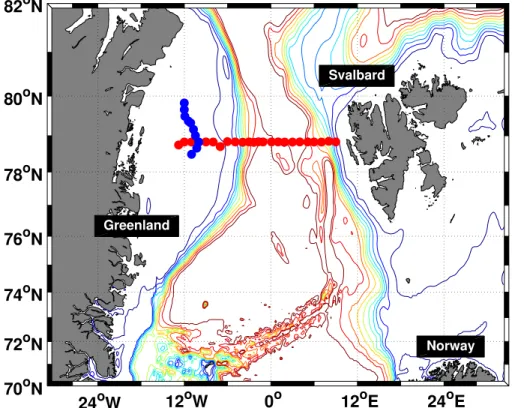 Figure 1. Sample stations of the ARK-XXVII/1 cruise in 2012. The zonal stations are highlighted as red dots and the meridional stations along the fast ice edge as blue dots