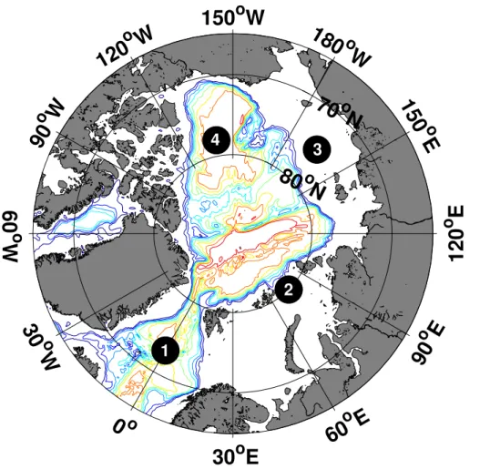 Figure 7. Typical source regions of di ff erent water mass types. (1) the Greenland Sea, (2–