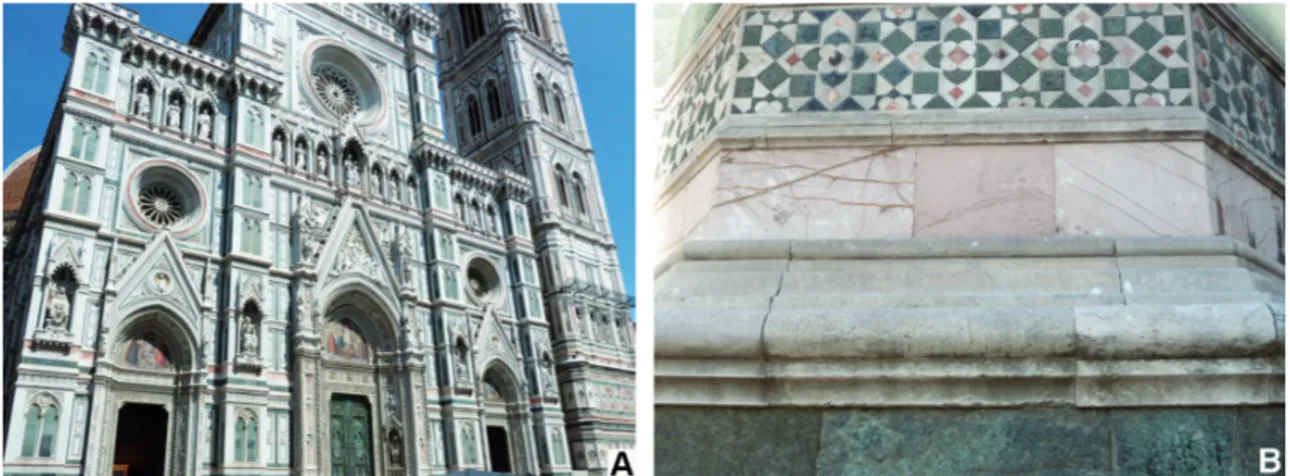 Figura 3. A. Catedral de Santa Anastácia em Verona (Itália). O Rosso Verona foi usado  nos pilares e no piso, mesclando-se com mármores preto e branco