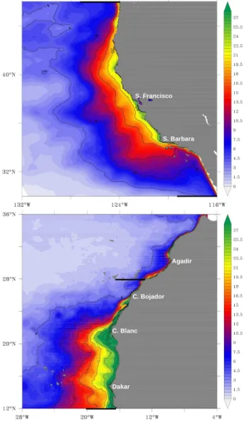 Fig. 5. (a) The relationship between NPP and the inventory of TIN in the euphotic zone in the California CS (blue) and Canary CS (orange)