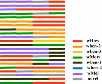 Figure 3. Recombination patterns for the recombinant groups according to HVRs. HVRs of the seven original non-recombinants and some HVR resources not associated with Ficus benjamina (we named them ‘novel’.) are indicated with different colors