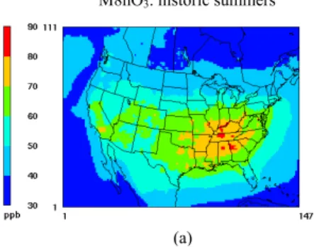 Fig. 5. (a) Three-summer-average maximum 8 h ozone concentrations in historic years. (b) Changes in concentrations under the impact of climate change and emission controls