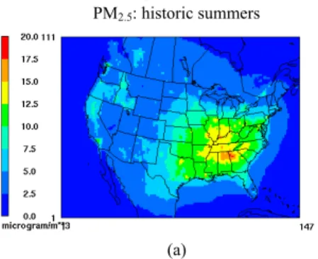 Fig. 8. (a) Three-summer-average PM 2.5 concentrations in historic years. (b) Changes in concentrations under the impact of climate change and emission controls