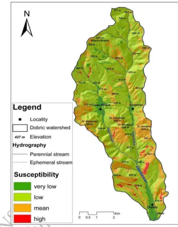 Fig. 4. The landslides susceptibility map in the  Dobric catchment area 