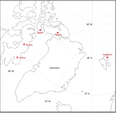 Figure 1. Location of the five ice caps measured in this study.