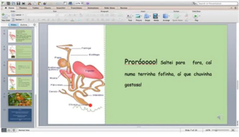 Figura 1 – Apresentação da história infantil “Um tucano no meu caminho”, em Power Point, com animação e  áudio 