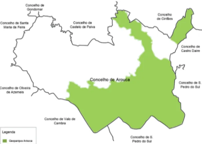 Figura 1. Mapa esquemático do Geoparque Arouca,  evidenciando a posição relativa da delimitação do  geoparque nas regiões de Portugal