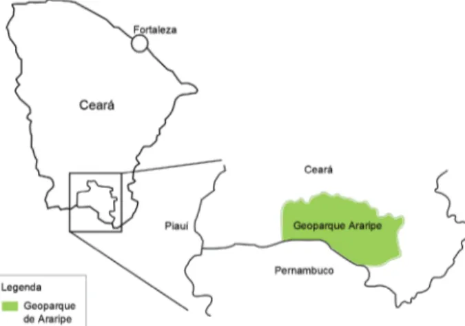 Figura 2: Mapa esquemático do Geoparque Araripe, evidenciando  a localização relativa do geoparque entre os estados do  Ceará, Pernambuco e Piauí