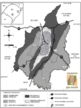 Fig. 1 Mapa esquemático do município de Caçapava do  Sul (“metade sul” gaúcha) ilustrando os quatro  principais contextos geológicos registrados no  território (modif