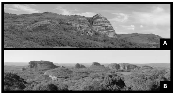 Fig. 2 Os dois principais geomonumentos do município de Caçapava do Sul, com especial potencial para a educação  geopatrimonial: (a) Serra do Segredo e (b) Pedras das Guaritas; as localizações estão indicadas na Fig