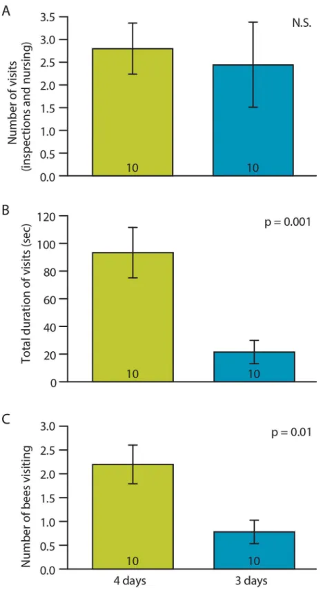 Fig 4. Effect of larval age on nursing behavior. Number of visits (A), total time spent visiting (B) and number of bees visiting cell (C)