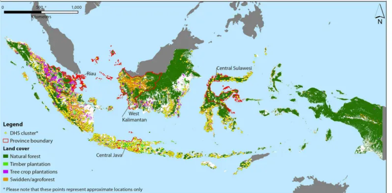 Fig 1. Indonesia Map. The approximate location of the DHS communities used in the study as well as the different tree-dominated land classes used in the analysis from Indonesian Ministry of Forestry.