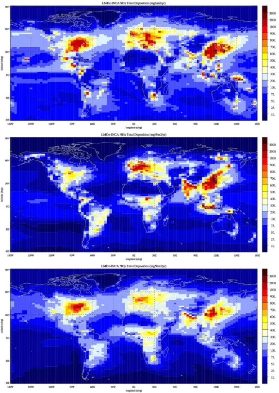 Figure 6. Annual mean SO x (mg S m −2 yr −1 ), NH x , and NO y (mg N m −2 yr −1 ) total surface deposition calculated for present-day condi- condi-tions.