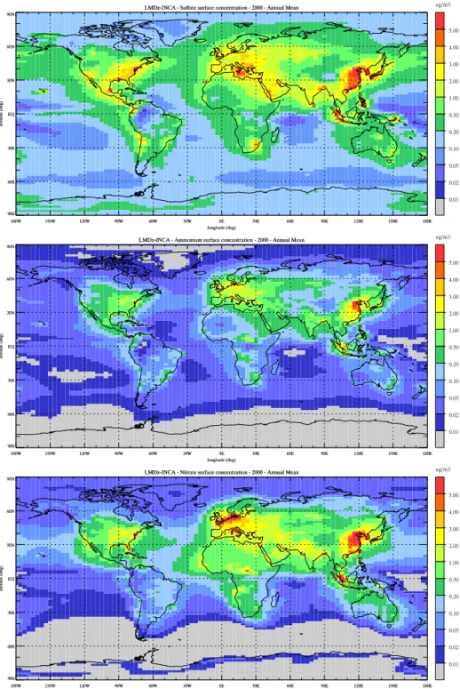 Figure 1. Annual mean surface concentration of (top) sulfate aerosols, (middle) ammonium aerosols, and (bottom) total nitrate aerosols simulated for present-day conditions (µg m −3 ).