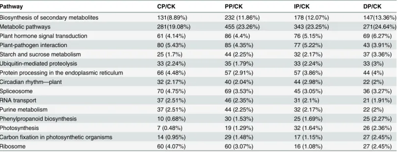 Table 1. The 15 most enriched KEGG pathways during successive symptom phases and important KEGG pathways that are in ﬂ uenced by B.