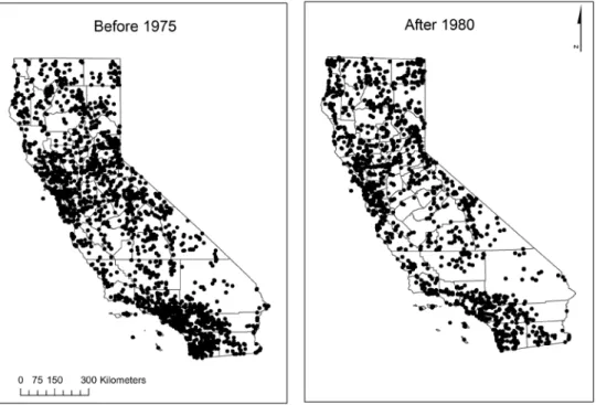 Figure 4. Spatial distribution of California records before 1976, and after 1979.