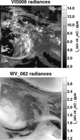 Fig. 5. Example of SEVIRI radiances computed with libRadtran: (top) solar channel VIS008 centred at 0.8 µm and (bottom) water vapour channel WV 062 centred at 6.2 µm