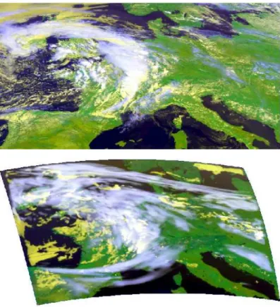 Fig. 6. (Top) false color composites of a real MET-8/SEVIRI observation from 12 August 2004, 12:00 UTC; (bottom) simulated satellite observation, for the same date and time and processed by the same false color algorithm.