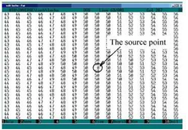 Fig. 4. Fragment of nx (i, j) array. The source is located at the grid-point (50,50).  