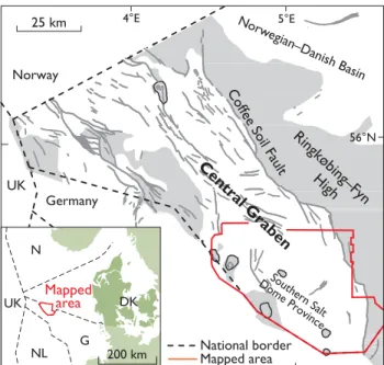 Fig. 1. Map of the Danish Central Graben region, showing the major struc- struc-tural elements and the location of the study area.