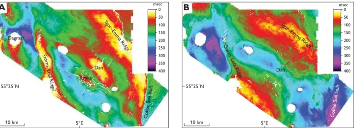 Fig. 5. Time-isochore maps.  A:  Lower Chalk Group interval.  B:  Upper Chalk Group interval